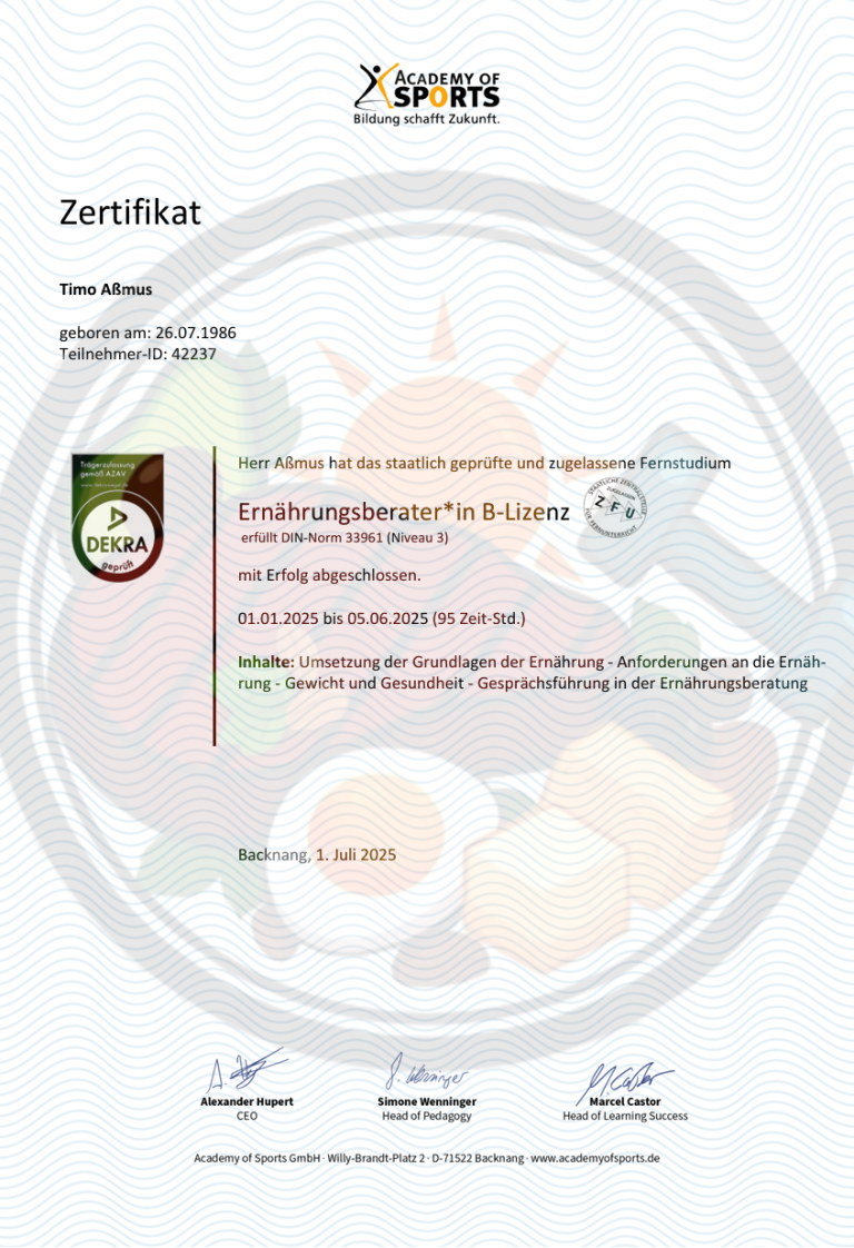 Zertifikat mit dem Titel "Ernährungsberater B-Lizenz" und entsprechenden Logos und Unterschriften.