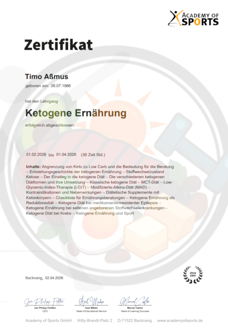 Zertifikat für ketogene Ernährung mit Logo und persönlichen Angaben.