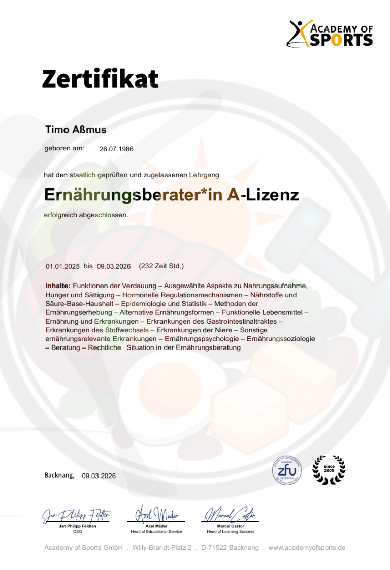 Zertifikat für die Ernährungsberater*in A-Lizenz.